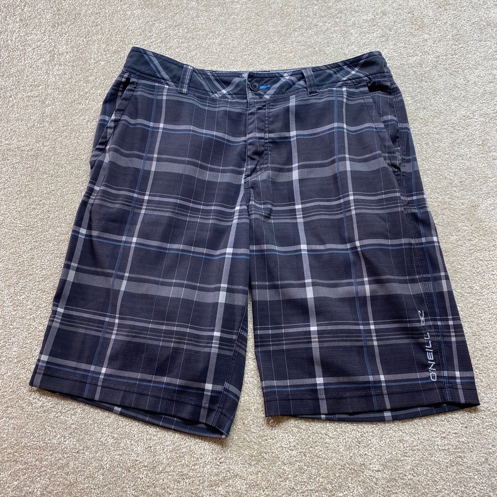 O'Neill Hybrid Shorts Mens 34 Black Plaid Stretch Walk Surf Boardshorts